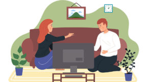 dipendenza affettiva, illustrazione di giovane coppia che discute in salotto