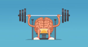 allenare la concentrazione, illustrazione di cervello che fa sollevamento pesi