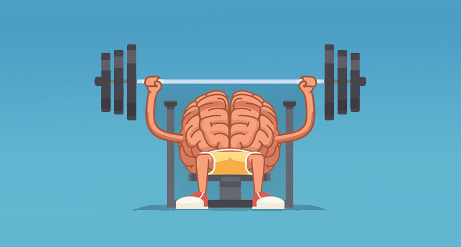 allenare la concentrazione, illustrazione di cervello che fa sollevamento pesi