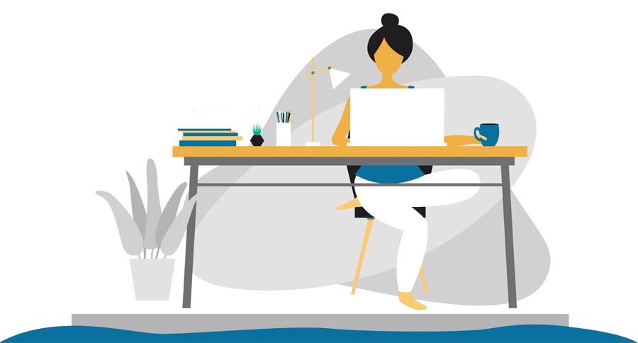 stress da smartworking, illustrazione donna al pc su scrivania in casa